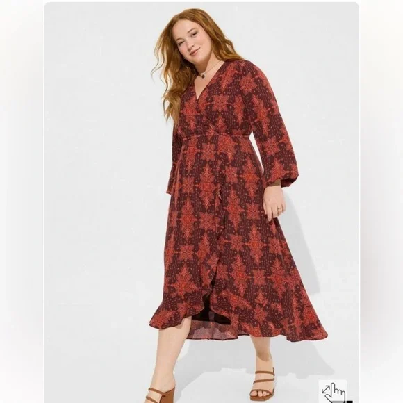 TORRID MIDI WASHABLE GAUZE RUFFLE SURPLICE NECK EMPIRE WAISTE DRESS WITH POCKETS - Picture 1 of 9